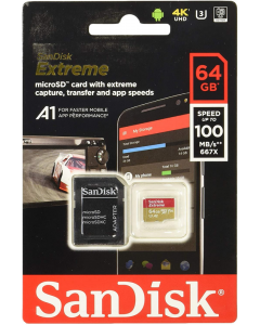 SanDisk Extreme 64GB microSDXC memory card + SD adapter up to 100 MB / s, Gold / Red, Class 10, U3, V30, A2